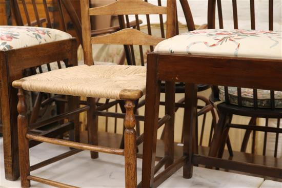 Two George III mahogany stools and an elm rush seated ladderback chair (3)